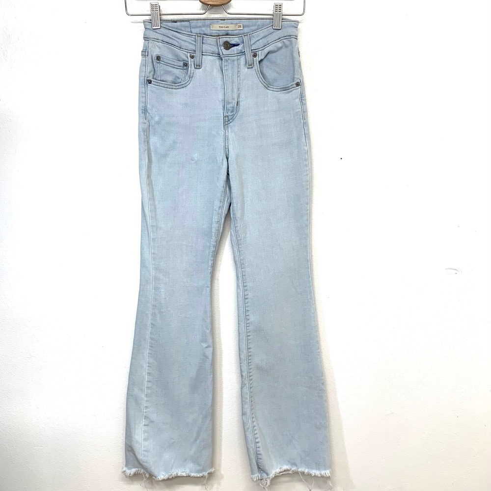 Levis 726 High Rise Flare Jeans Light Wash Raw Hem Size 25 Blue Denim Retro